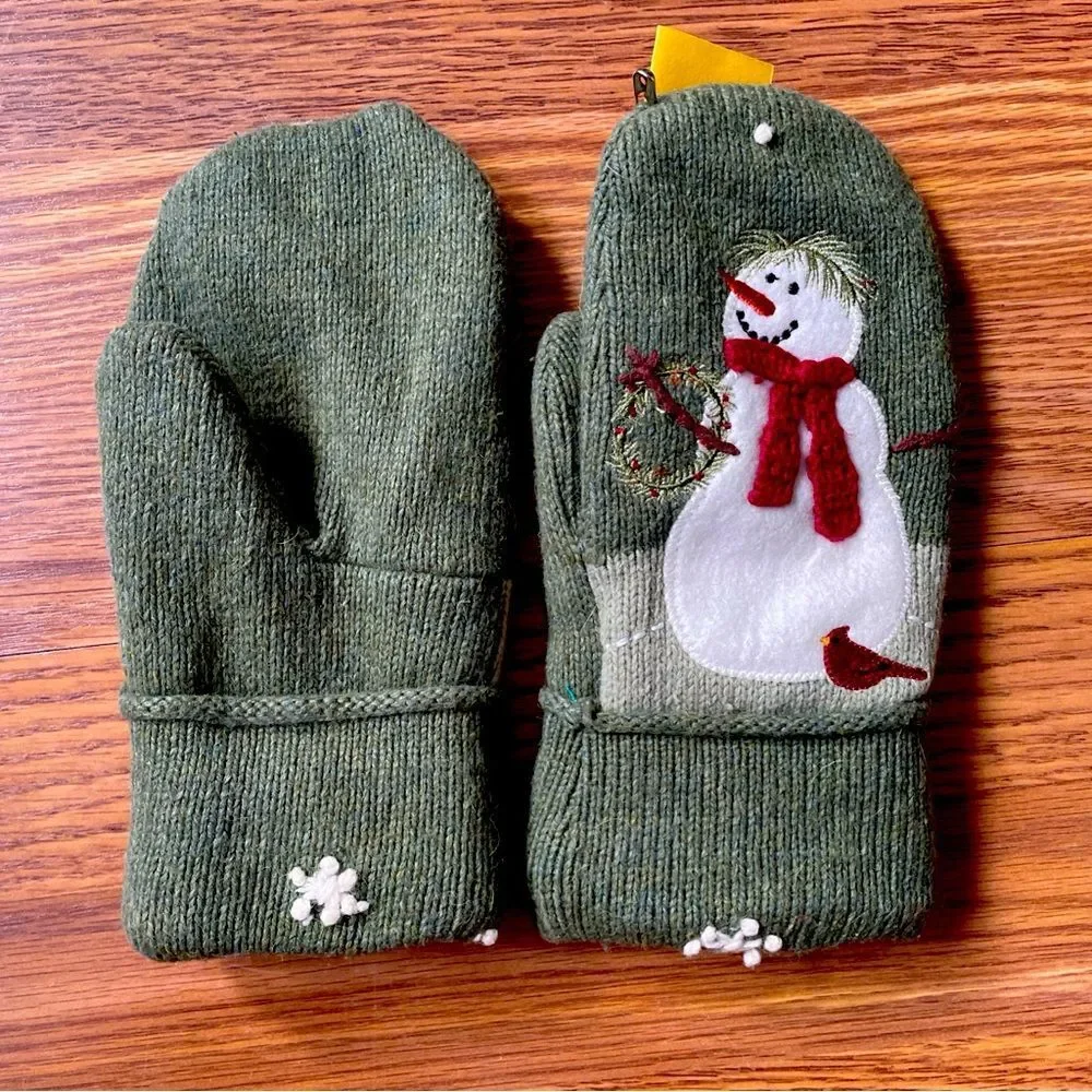 Unisex Wool Blend Winter Warm Knit Handmade Lined Snowman Cuff Mittens Gloves